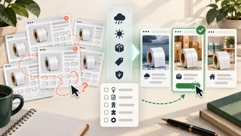 Editorial illustration of multiple product-page cards for a roll-shaped item, a checklist and filter icons, and three comparison cards with a highlighted selected option.