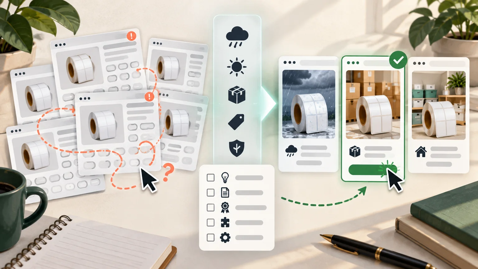 Editorial illustration of multiple product-page cards for a roll-shaped item, a checklist and filter icons, and three comparison cards with a highlighted selected option.