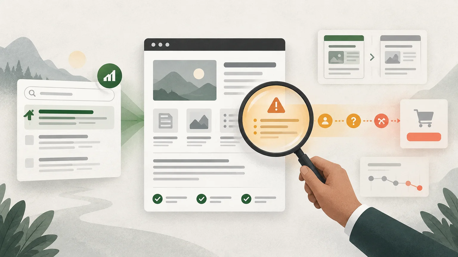Illustration of a search-results panel leading to a webpage audit, with a magnifying glass highlighting a warning symbol, a hand holding the magnifier, checklist icons, a conversion path toward a shopping cart, and a small declining trend chart.