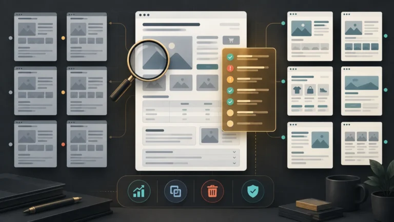 Stylized dark workspace illustration showing a large website page mockup under a magnifying glass, surrounded by smaller content and ecommerce page layouts, a checklist panel, and audit icons.
