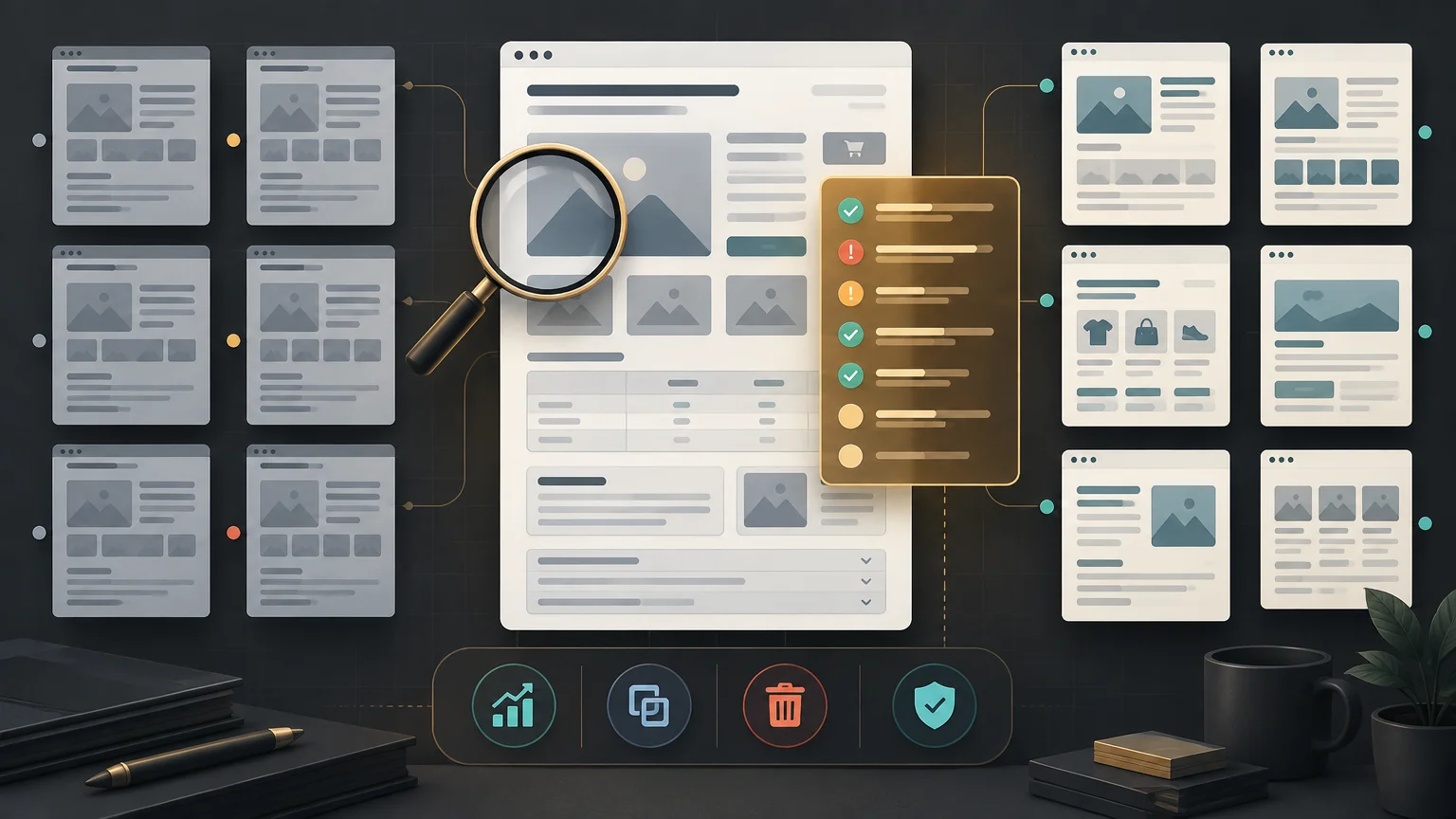 Stylized dark workspace illustration showing a large website page mockup under a magnifying glass, surrounded by smaller content and ecommerce page layouts, a checklist panel, and audit icons.
