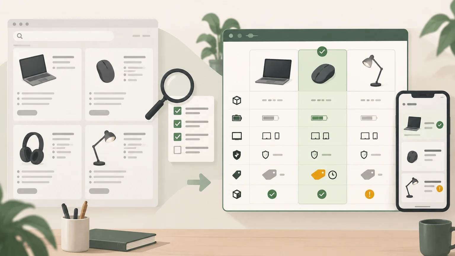Illustration of an ecommerce product grid transforming into a comparison table for a laptop, mouse, and desk lamp, with feature icons, checkmarks, a magnifying glass, and a mobile view.