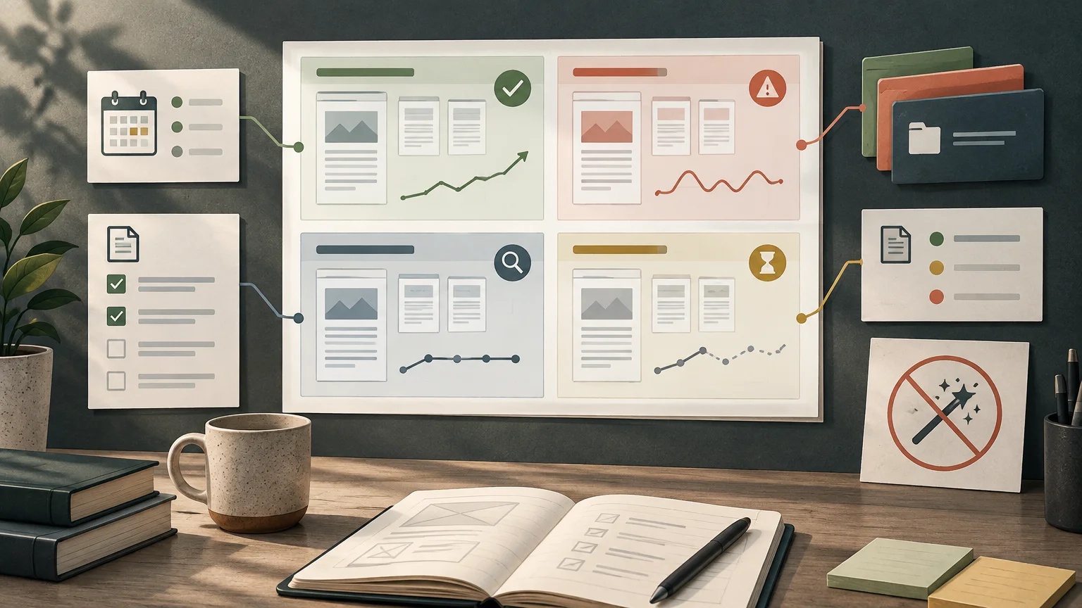Editorial desk scene with a wall-mounted dashboard of four webpage audit panels, checklists, trend charts, folders, and a crossed-out magic wand symbol.