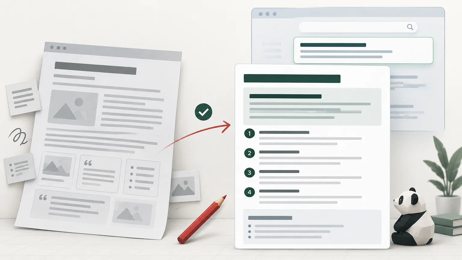 Editorial illustration of a cluttered webpage layout transforming into a clean numbered answer list, with a checkmark, red arrow, pencil, search-window mockup, plant, and small panda figure.