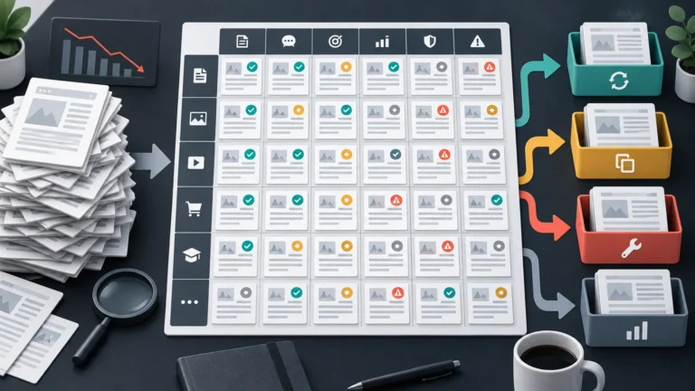 Editorial illustration of a large website-content audit board sorting page cards by status into colored action bins, with a declining chart, paper stack, magnifying glass, and coffee cup on a desk.