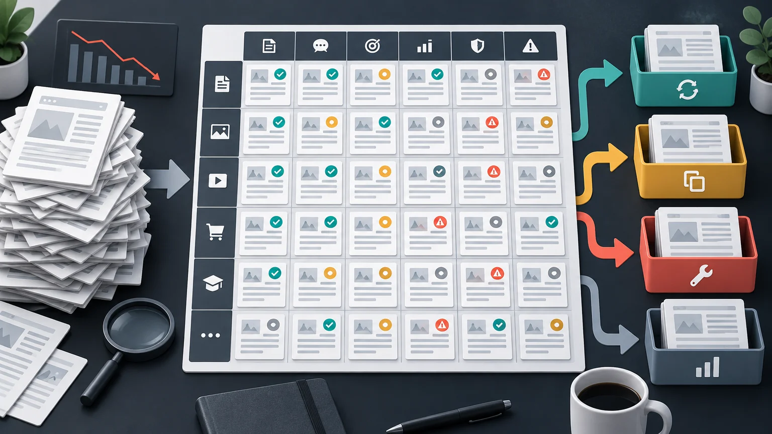 Editorial illustration of a large website-content audit board sorting page cards by status into colored action bins, with a declining chart, paper stack, magnifying glass, and coffee cup on a desk.