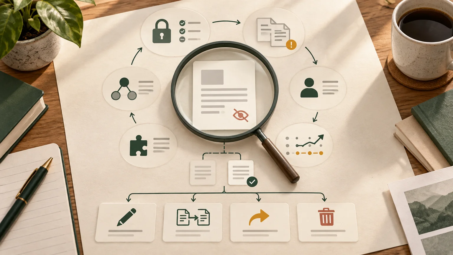 Top-down editorial image of a paper workflow diagram on a wooden desk, with a magnifying glass over a document marked with an eye-slash icon and branching icons for editing, merging, redirecting, and deleting pages.
