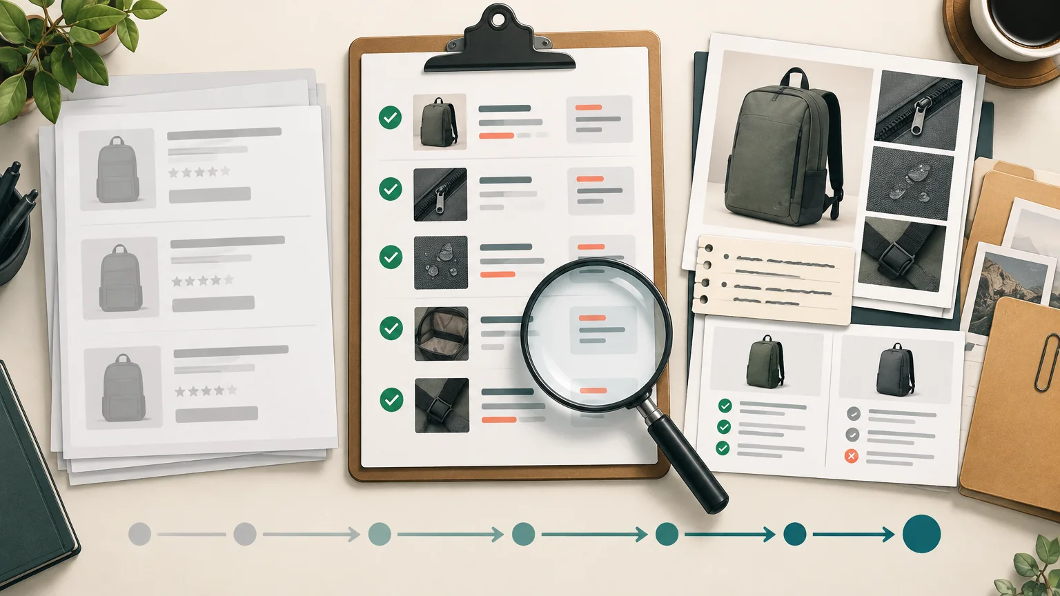 Top-down editorial illustration of a product-review audit workspace with backpack photos, checklists, comparison sheets, a magnifying glass, and a timeline arrow.