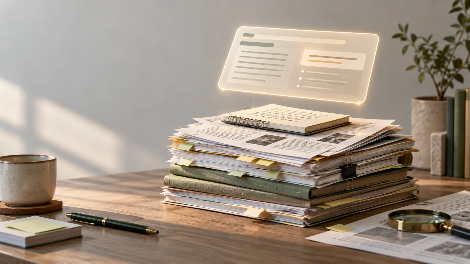 A sunlit desk holds a tall stack of marked-up papers, books, a notebook, pen, coffee cup, and magnifying glass beneath a floating translucent webpage-style panel with abstract lines and checklist-like dots.