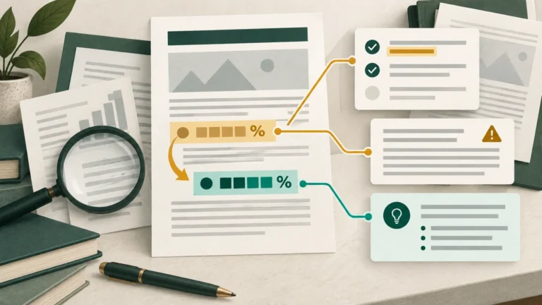 Editorial illustration of a printed report with bar charts and highlighted percentage rows, linked to checklist, warning, and insight cards beside a magnifying glass, books, and pen.