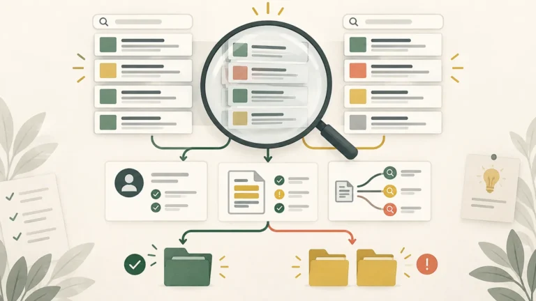 Editorial diagram showing two columns of stylized search-result cards, a large magnifying glass comparing overlapping cards, and branching lines leading to audience, checklist, query-routing, and folder decision panels. Green checks and an orange warning symbol distinguish outcomes.