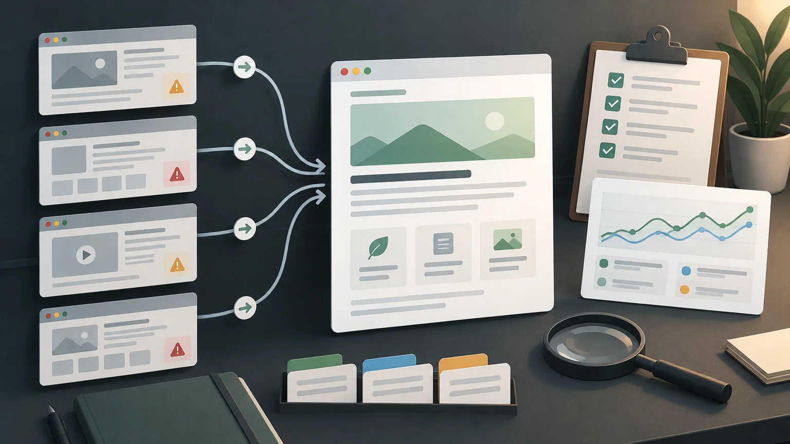 Editorial illustration of four smaller webpage cards with warning icons merging via arrows into one larger webpage, alongside a checklist clipboard and a two-line analytics chart on a desk.