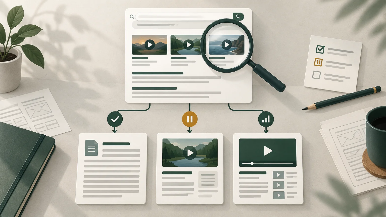 Top-down editorial illustration of a search-results page with three video thumbnails under a magnifying glass, connected to text, video, and analytics page-format cards; a checklist, pencil, notebook, plant, and coffee cup sit around it.